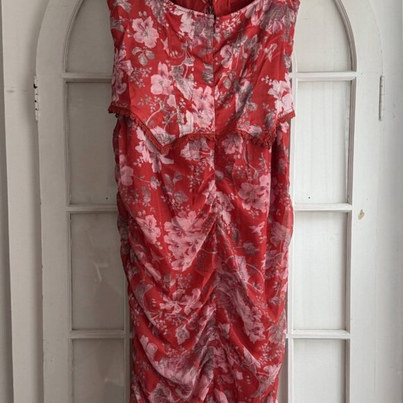 NWT ASOS Off The Shoulder Satin Corset Chiffon Ruched Midi Dress in Red - Picture 9 of 10